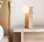 Terra Orb Sculptural Travertine Table Lamp with Opaline Glass Shade