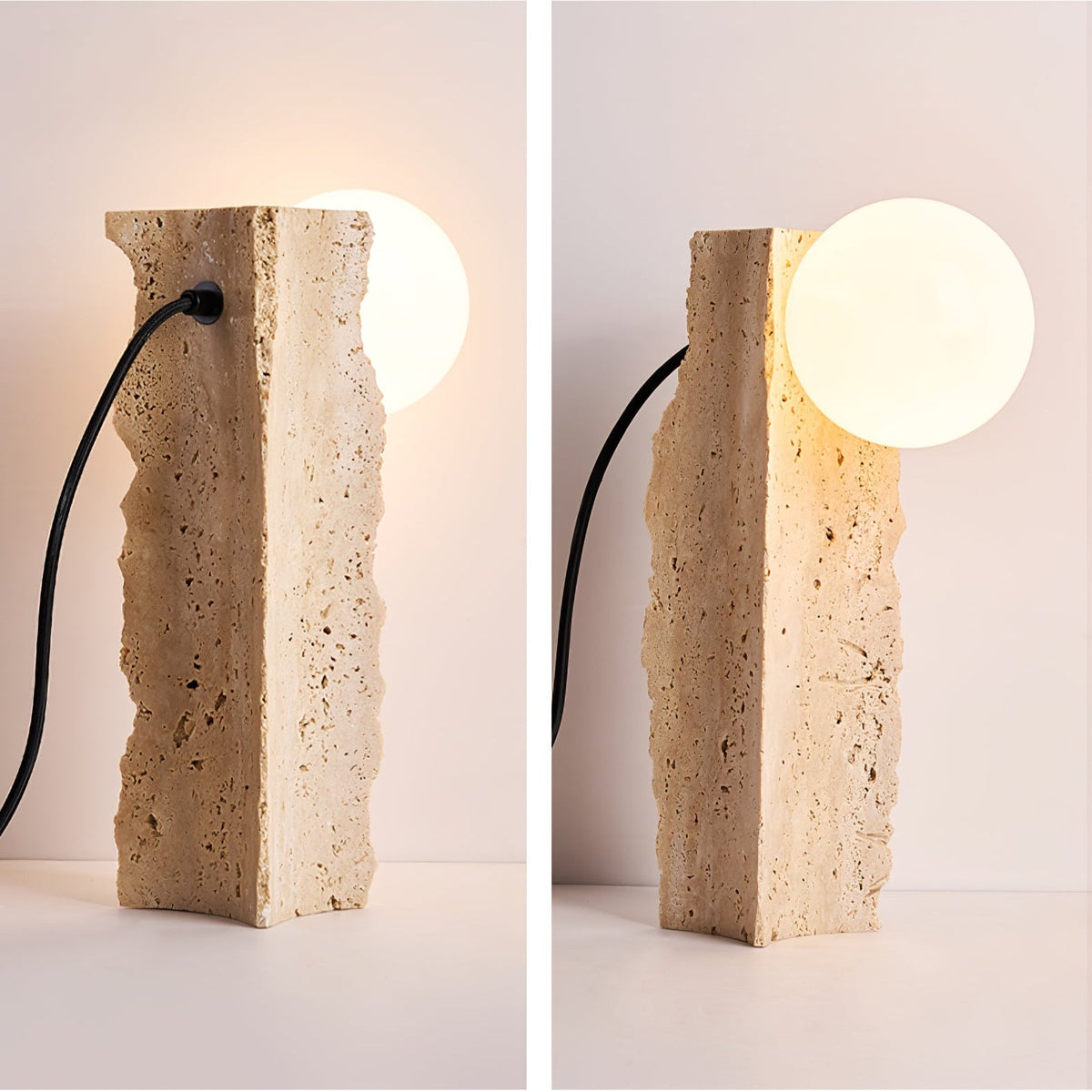 Terra Orb Sculptural Travertine Table Lamp with Opaline Glass Shade