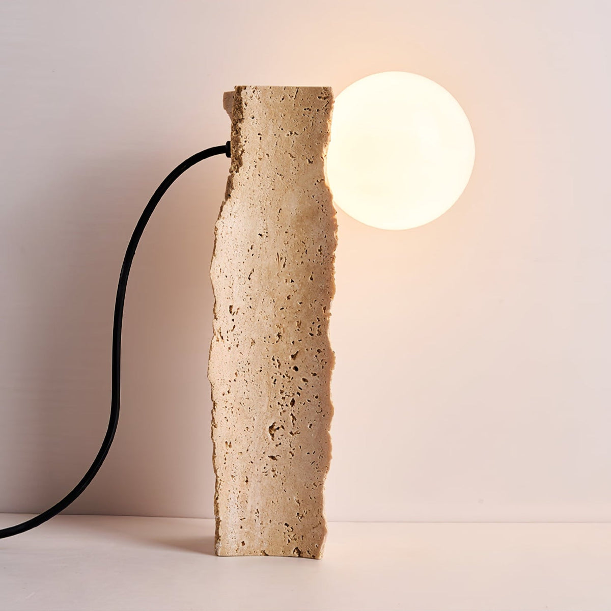 Terra Orb Sculptural Travertine Table Lamp with Opaline Glass Shade