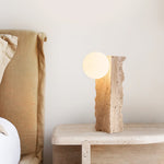 Terra Orb Sculptural Travertine Table Lamp with Opaline Glass Shade