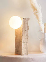 Terra Orb Sculptural Travertine Table Lamp with Opaline Glass Shade