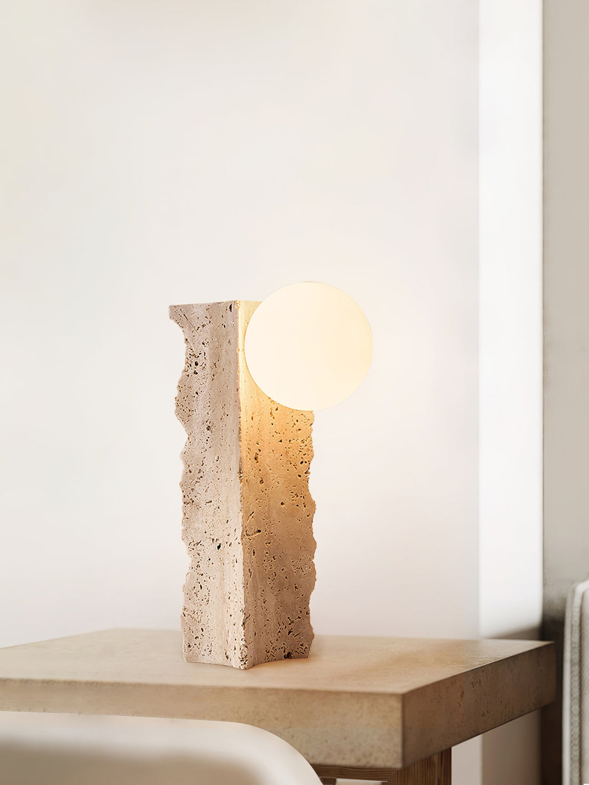Terra Orb Sculptural Travertine Table Lamp with Opaline Glass Shade