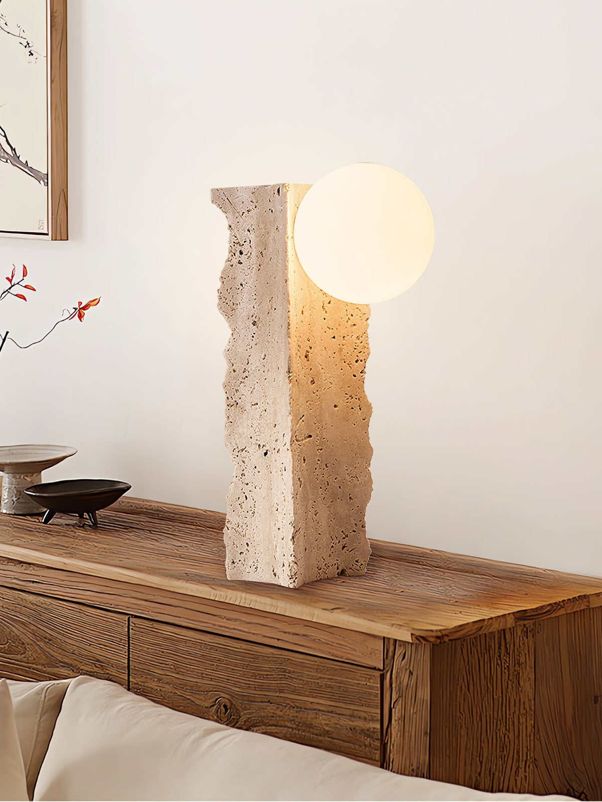 Terra Orb Sculptural Travertine Table Lamp with Opaline Glass Shade