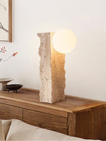 Terra Orb Sculptural Travertine Table Lamp with Opaline Glass Shade