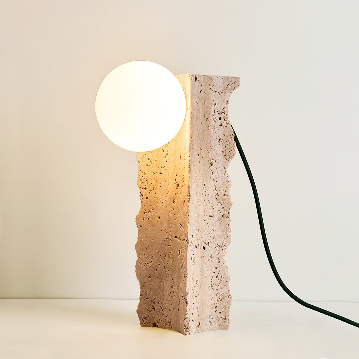 Terra Orb Sculptural Travertine Table Lamp with Opaline Glass Shade
