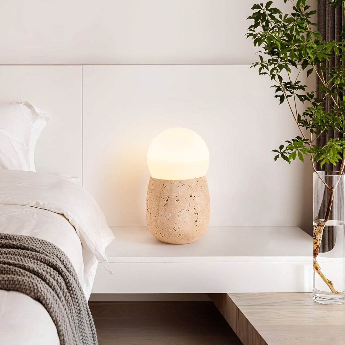 Terra Orb Travertine Table Lamp with Opal Glass Shade