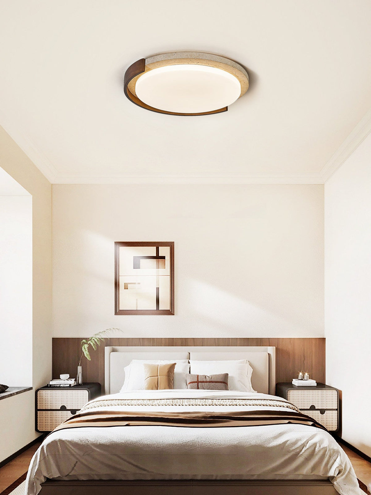 Terra Orbit Ceiling Light in Yellow Travertine and Wood