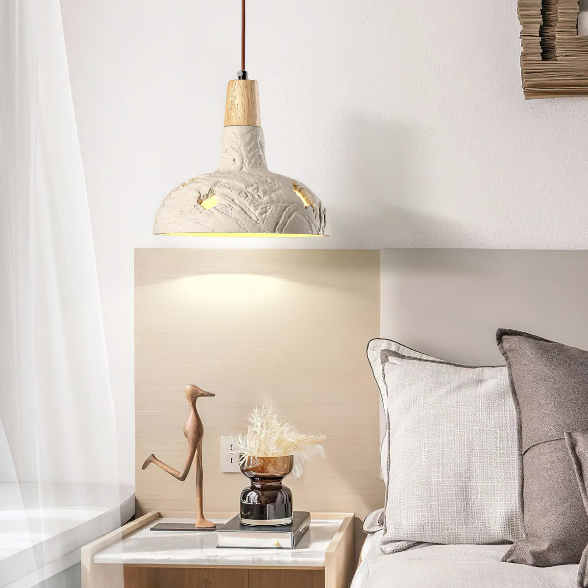 Cement Carve Pendant Light – Handcrafted Concrete & Wood Hanging Lamp for Dining, Kitchen, Living Room