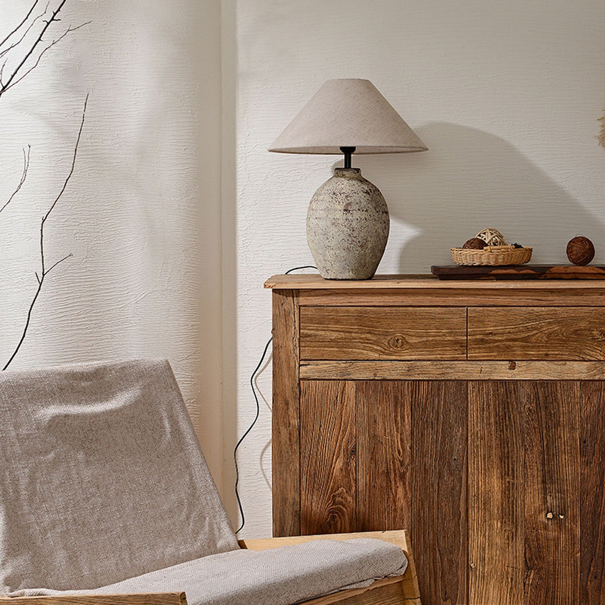 Terra Rustica Ceramic Table Lamp with Linen Shade for Bedroom and Living Room