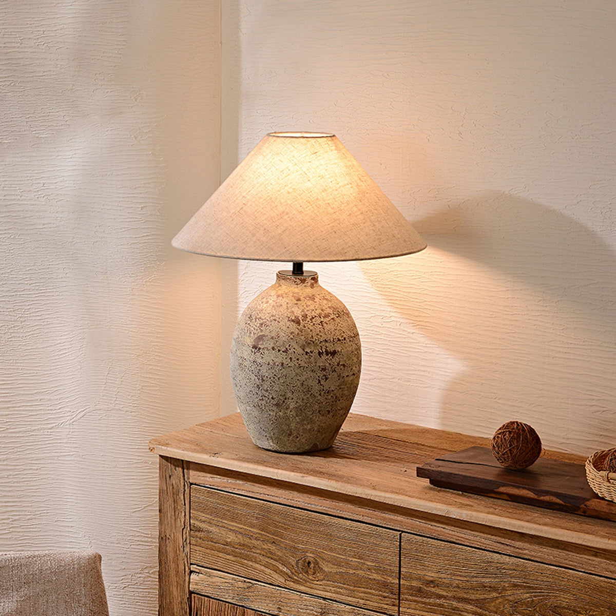Terra Rustica Ceramic Table Lamp with Linen Shade for Bedroom and Living Room
