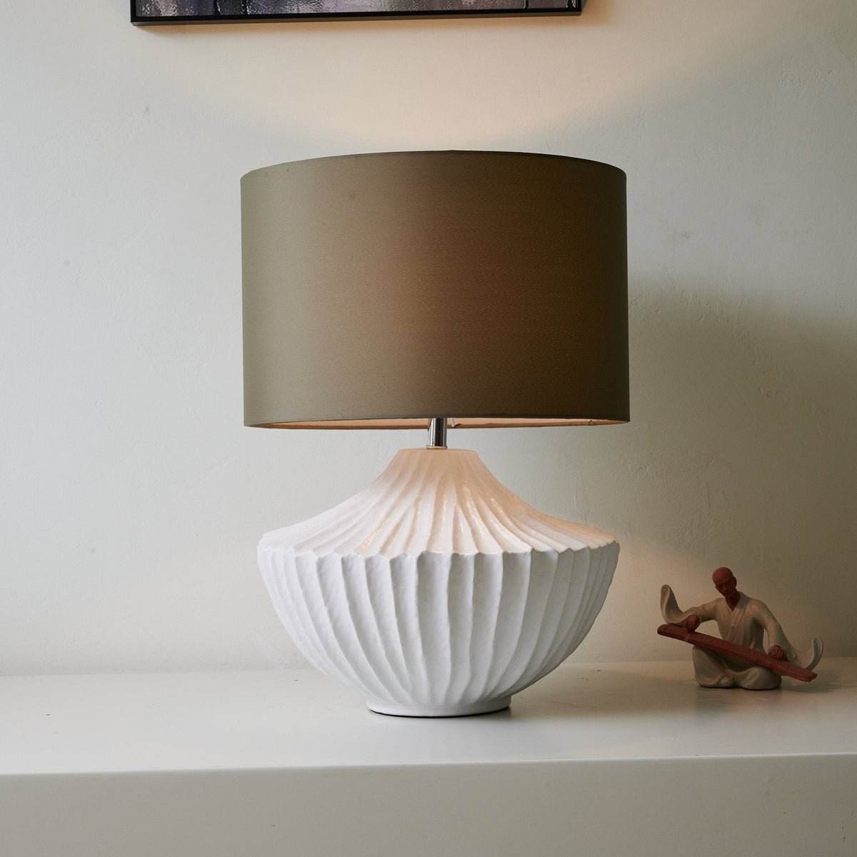 Terra Shell Ceramic Table Lamp with Olive Fabric Shade for Bedroom and Living Room