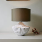 Terra Shell Ceramic Table Lamp with Olive Fabric Shade for Bedroom and Living Room