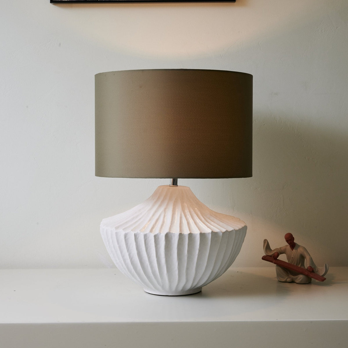 Terra Shell Ceramic Table Lamp with Olive Fabric Shade for Bedroom and Living Room