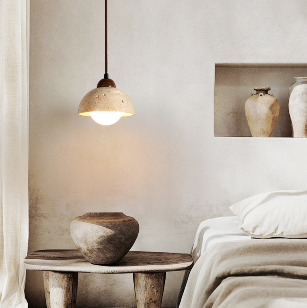 Terralume Dome Travertine Pendant Light with Opal Glass Globe