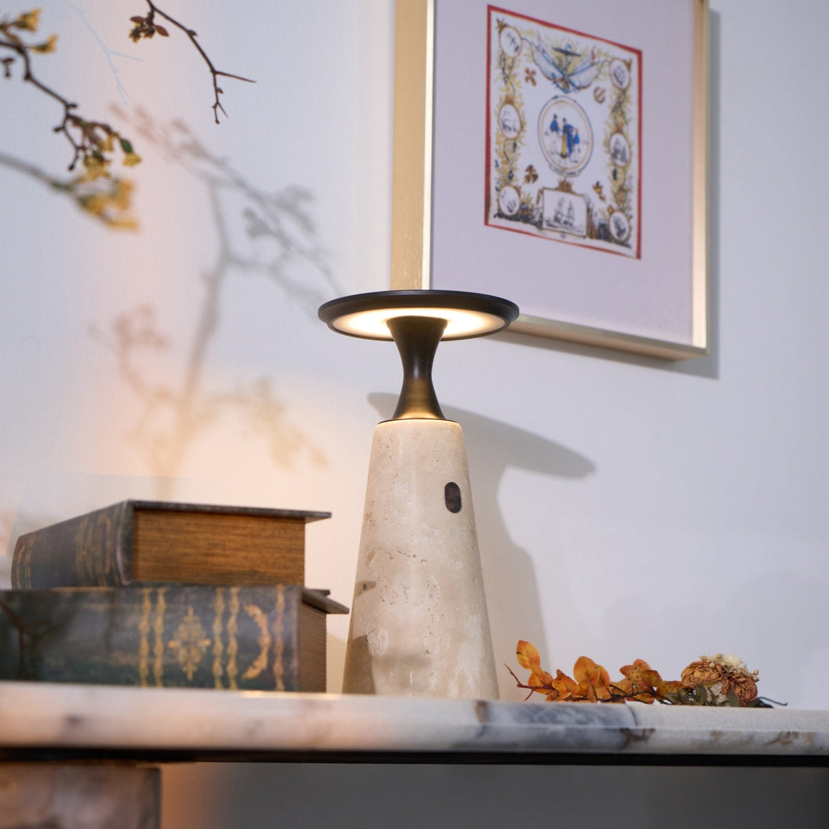 Terrava Rechargeable Table Lamp in Travertine and Matte Black