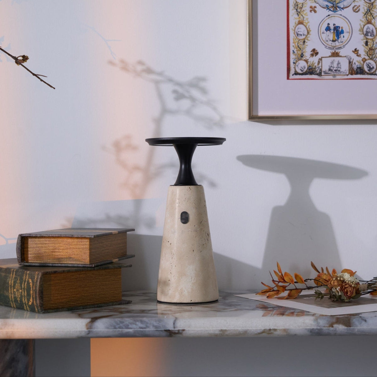 Terrava Rechargeable Table Lamp in Travertine and Matte Black