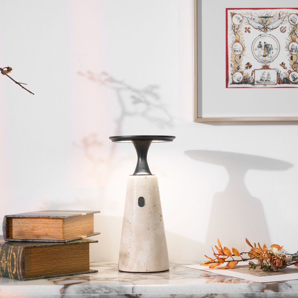 Terrava Rechargeable Table Lamp in Travertine and Matte Black