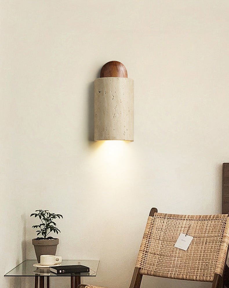 Travertine Cylinder Wall Sconce with Cap – Modern Natural Stone Lighting