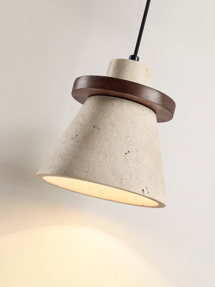 Terrona Ring Pendant Light in Natural Travertine and Walnut Wood