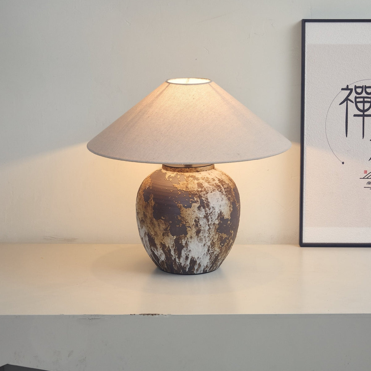 Artisan Ceramic Jar Table Lamp with Linen Shade for Bedroom and Living Room