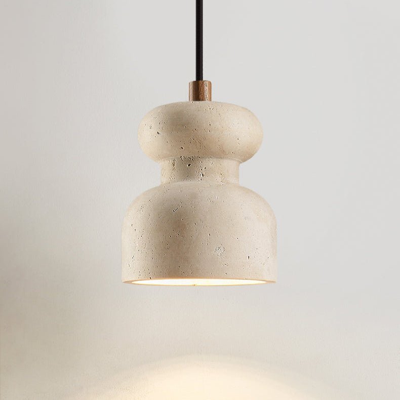 Travertine Gourd Pendant Light — Natural Stone, Walnut Accent