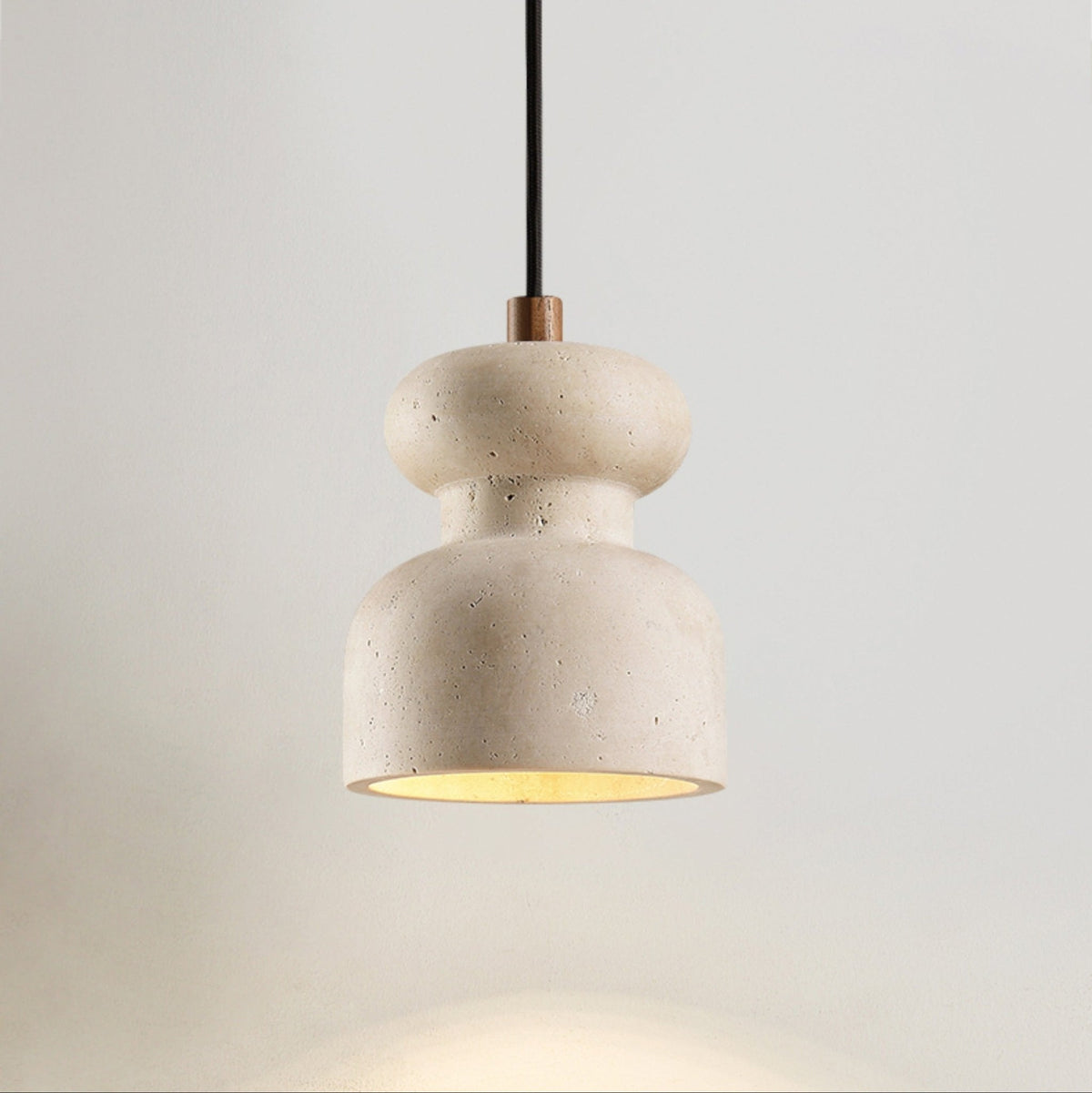 Travertine Gourd Pendant Light — Natural Stone, Walnut Accent