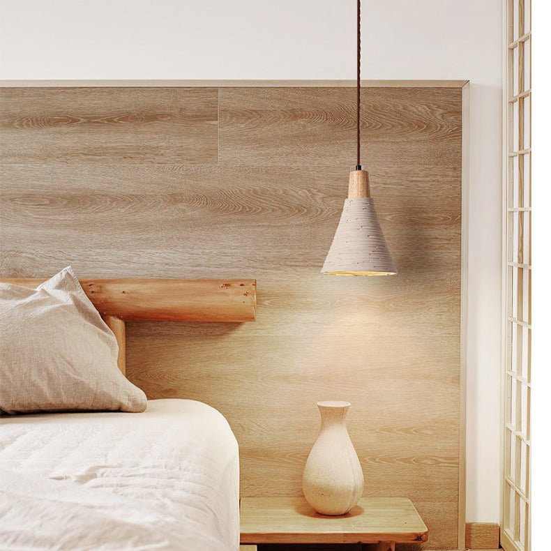 Artisan Microcement Cone Pendant Light with Wood Accent for Modern Interiors