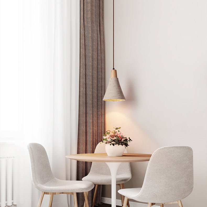 Artisan Microcement Cone Pendant Light with Wood Accent for Modern Interiors