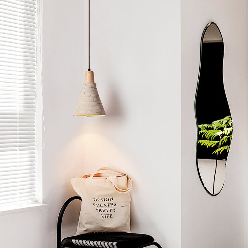 Artisan Microcement Cone Pendant Light with Wood Accent for Modern Interiors