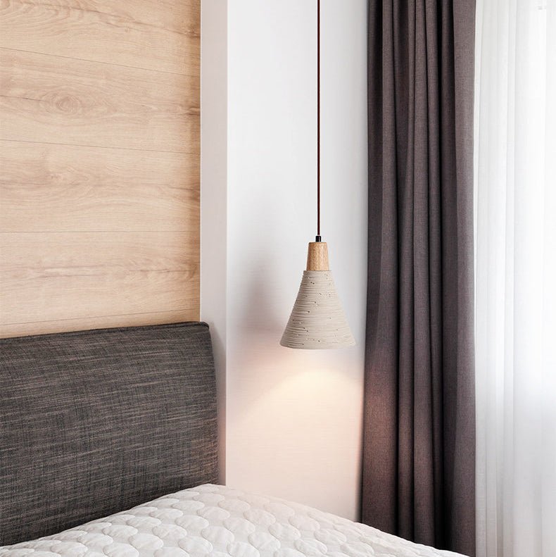 Artisan Microcement Cone Pendant Light with Wood Accent for Modern Interiors
