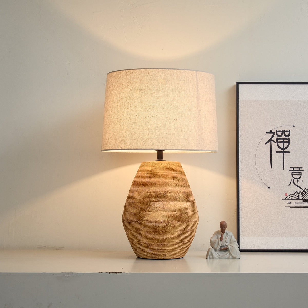 Terracotta Textured Table Lamp with Linen Shade for Modern Interiors