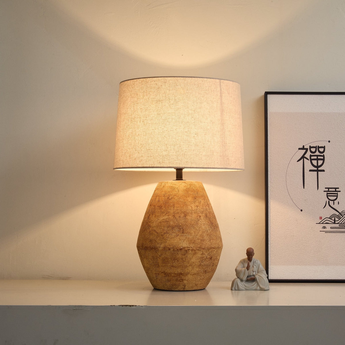 Terracotta Textured Table Lamp with Linen Shade for Modern Interiors