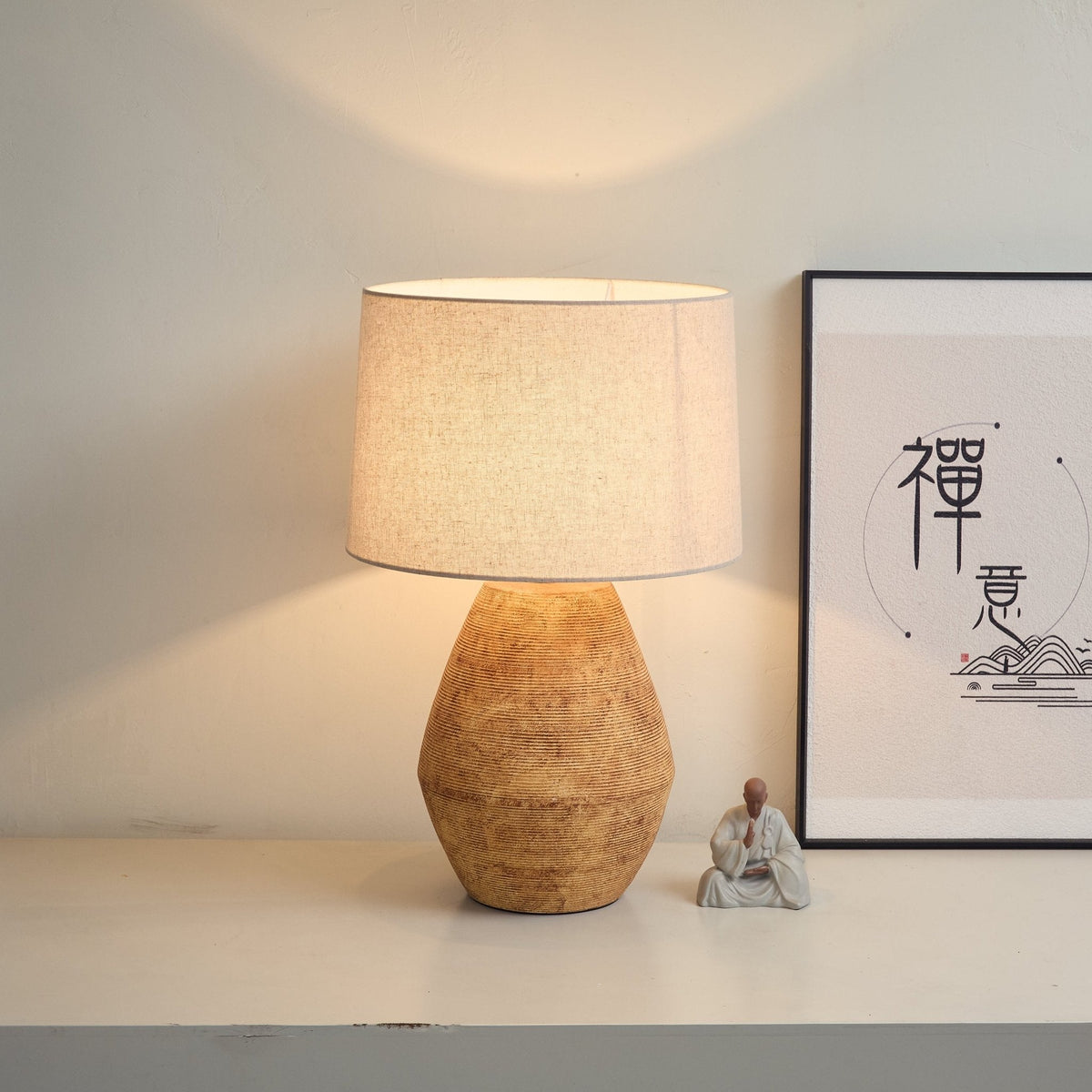 Terracotta Textured Table Lamp with Linen Shade for Modern Interiors