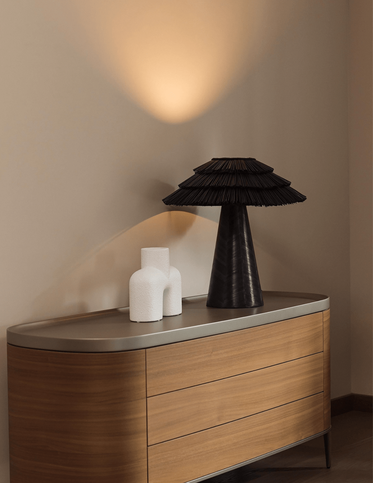 Artisan Straw Table Lamp with Wood Veneer Base for Modern Interiors