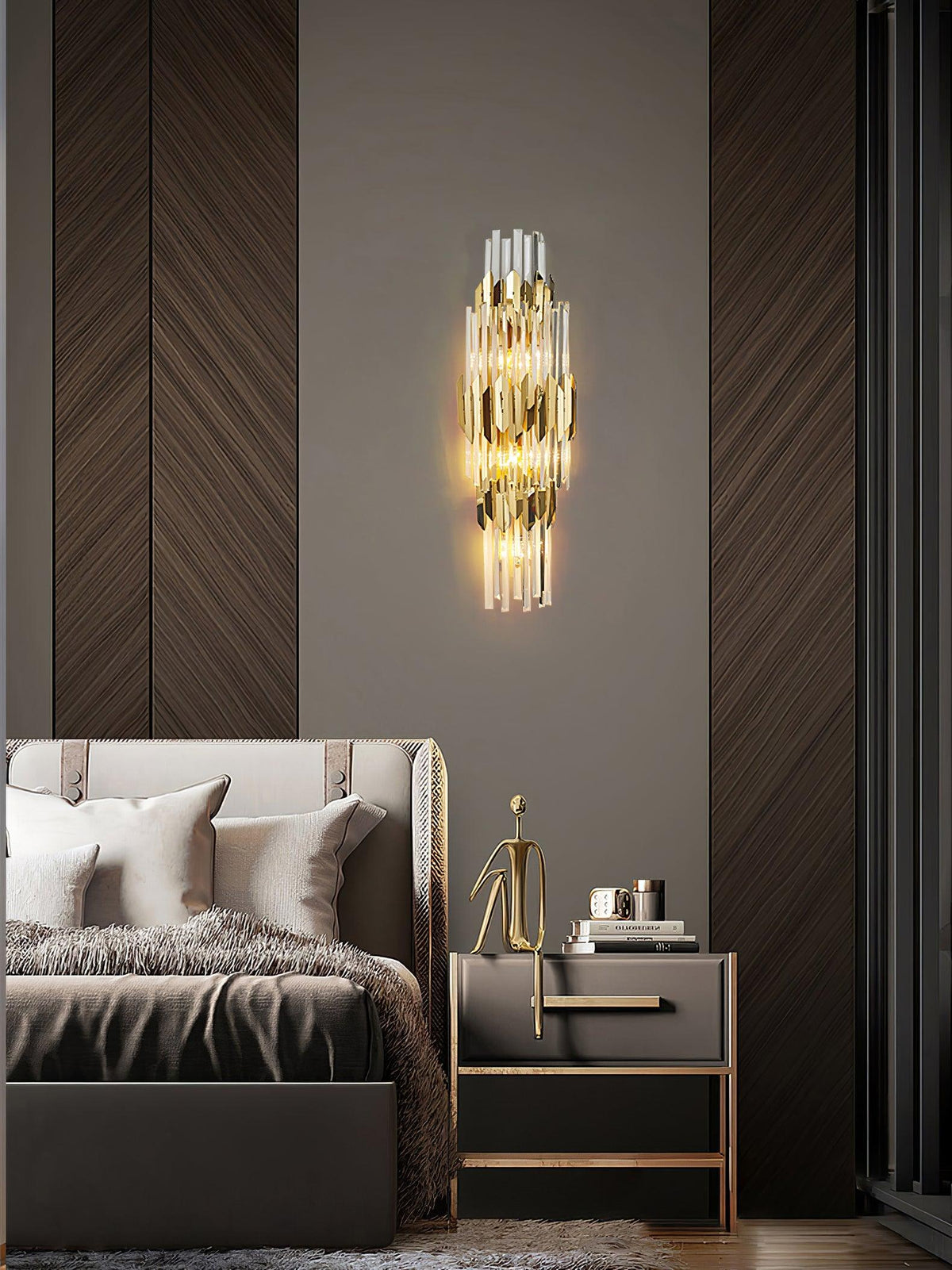 Theoretical Three-Layer Crystal Wall Light in Gold Stainless Steel