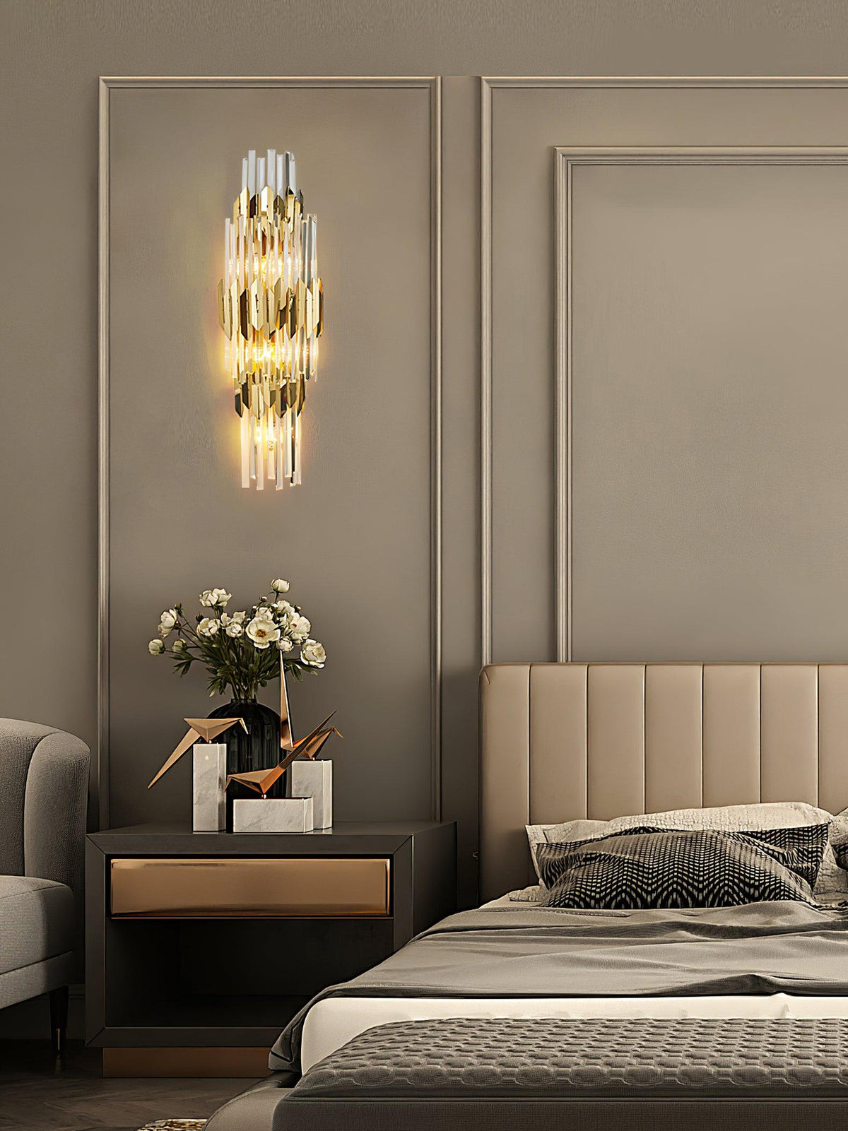 Theoretical Three-Layer Crystal Wall Light in Gold Stainless Steel