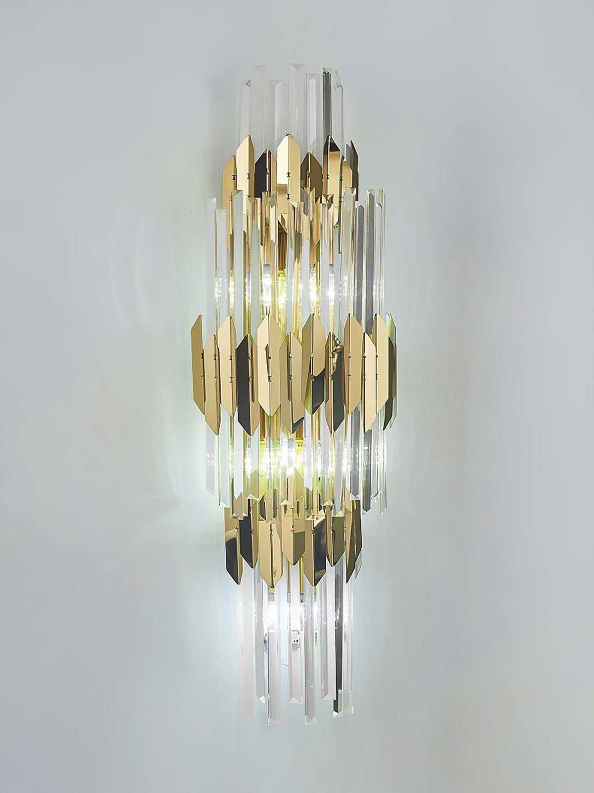 Theoretical Three-Layer Crystal Wall Light in Gold Stainless Steel