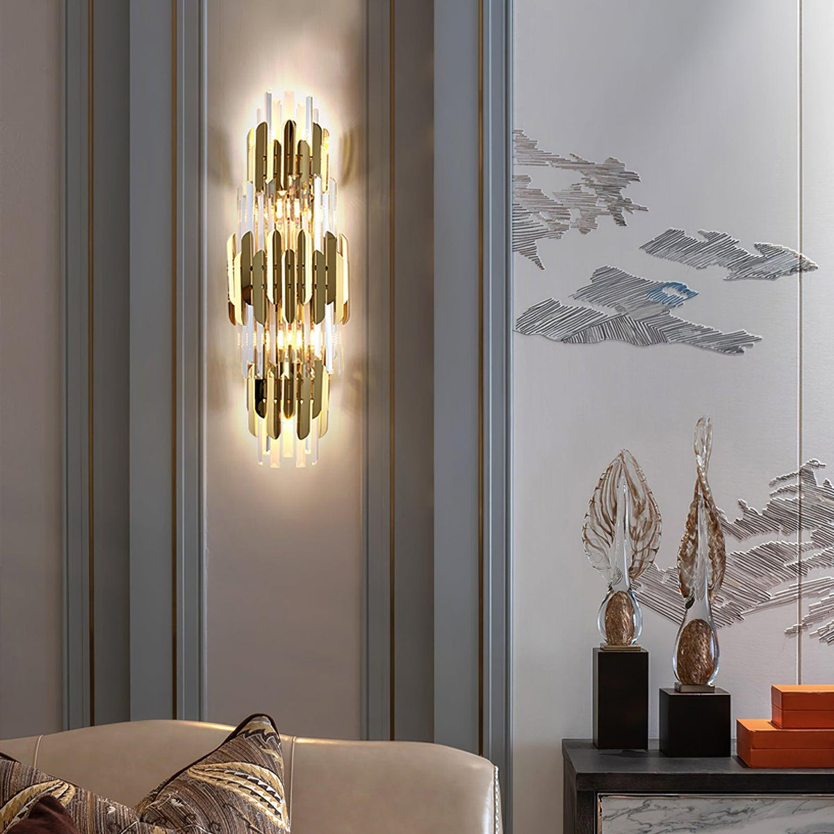 Theoretical Three-Layer Crystal Wall Light in Gold Stainless Steel