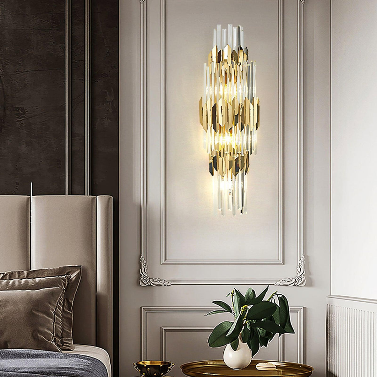 Theoretical Three-Layer Crystal Wall Light in Gold Stainless Steel