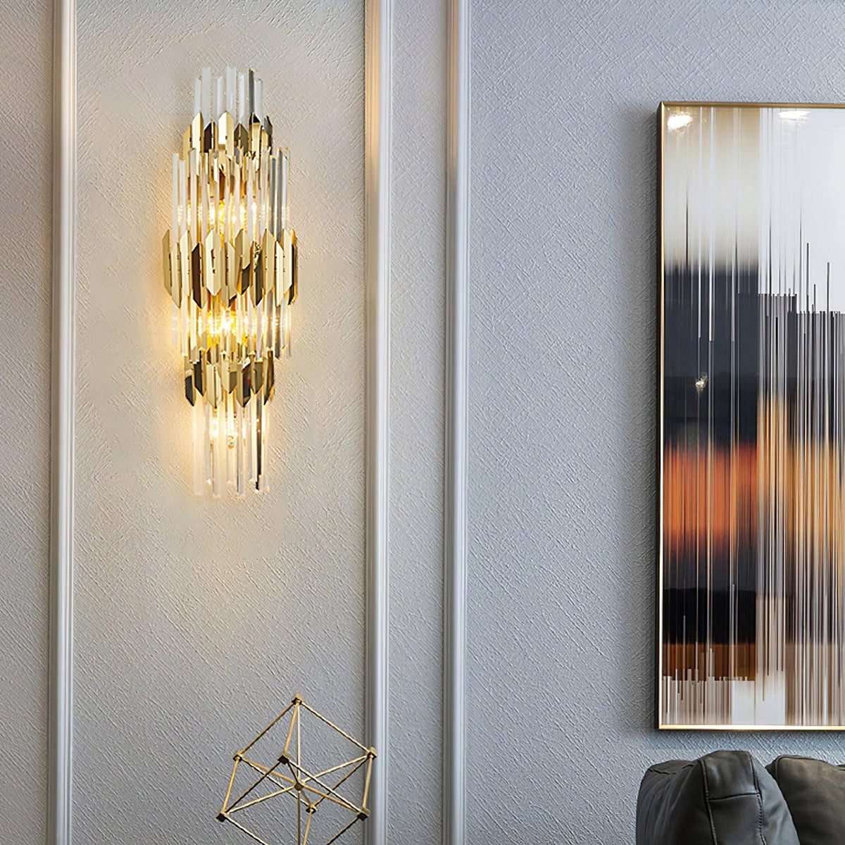 Theoretical Three-Layer Crystal Wall Light in Gold Stainless Steel