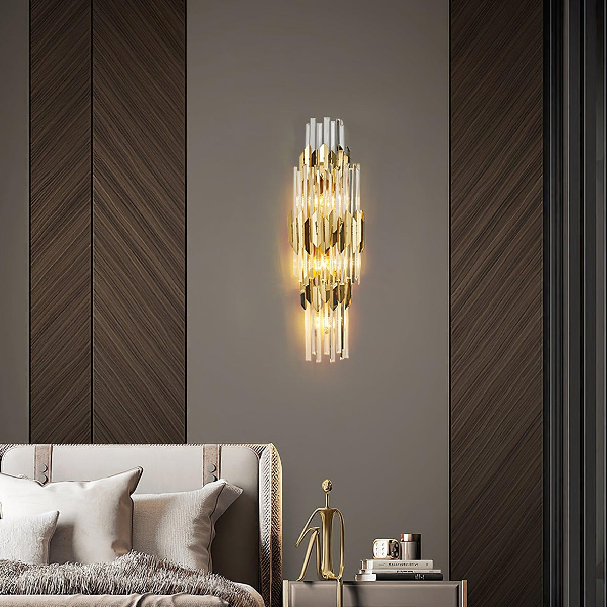Theoretical Three-Layer Crystal Wall Light in Gold Stainless Steel