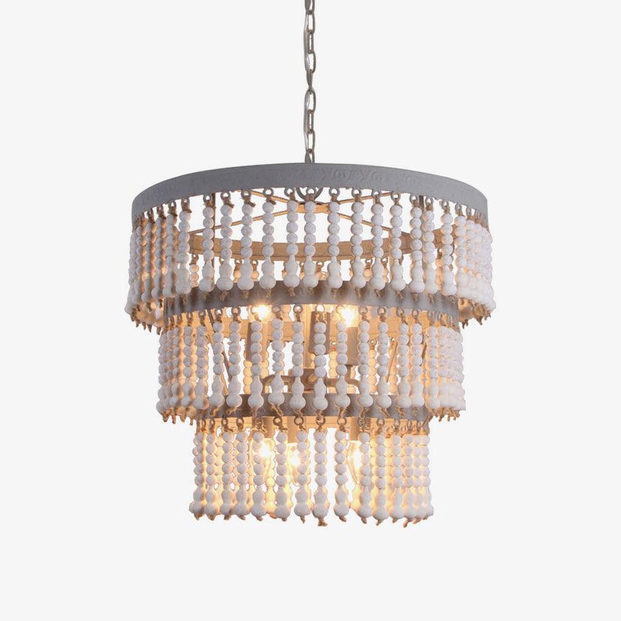 Three-Tier Wood Bead Chandelier with Distressed White Finish