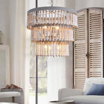 Three-Tier Wood Bead Chandelier with Distressed White Finish