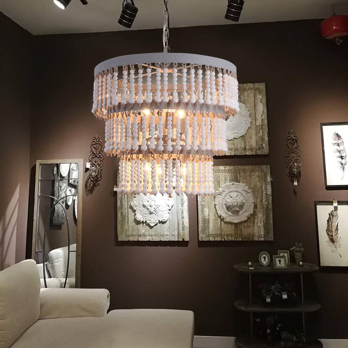 Three-Tier Wood Bead Chandelier with Distressed White Finish