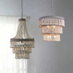Three-Tier Wood Bead Chandelier with Distressed White Finish
