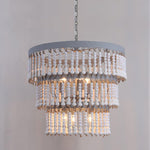 Three-Tier Wood Bead Chandelier with Distressed White Finish