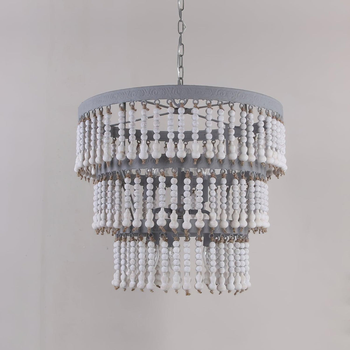 Three-Tier Wood Bead Chandelier with Distressed White Finish