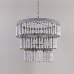 Three-Tier Wood Bead Chandelier with Distressed White Finish