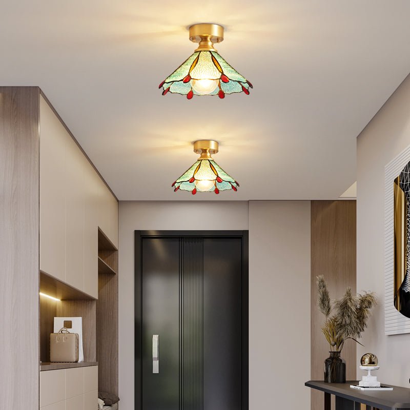 Tiffany Floral Ceiling Light – Art Deco Brass & Glass Flush Mount