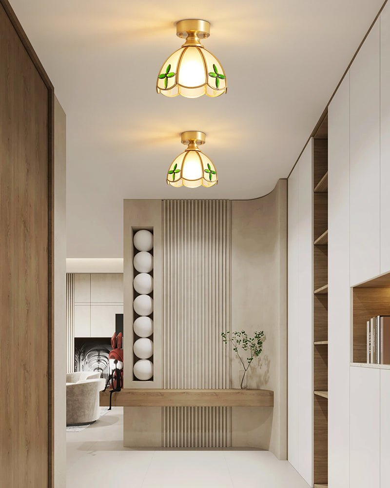 Tiffany Floral Ceiling Light – Art Deco Brass & Glass Flush Mount